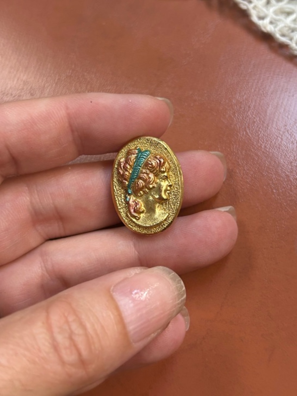 Vintage Gold Cameo Brooch with Pink and Teal Accents
